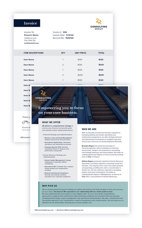 An invoice design and flyer design for the financial consulting company.