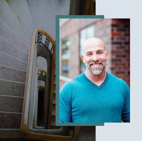An example of how to use the brand with overlapping photos and using the brand colors.