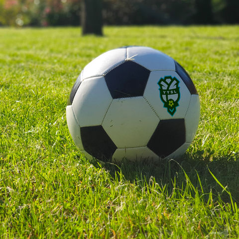 A mockup example of the soccer league logo on a soccer ball.