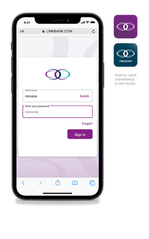 App cover designs for the bank's personal banking and business banking apps. The sign-in page for their app on mobile.