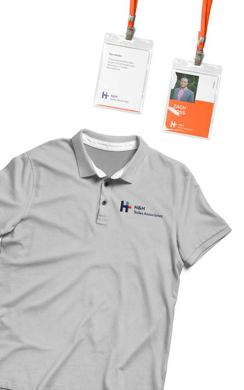 The logo and brand design on a t-shirt design and lanyard design.