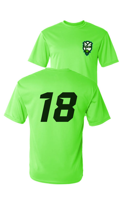 a mockup example of the lime green soccer jersey design with it's new logo and custom jersey numbers.