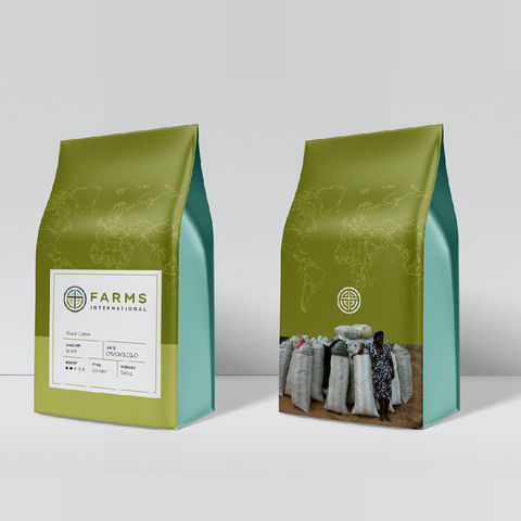 A mockup example of the logo and brand on their coffee bag product.