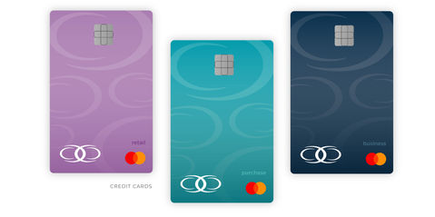 The front card designs for the retail credit card, the purchase credit card, and the business credit card.