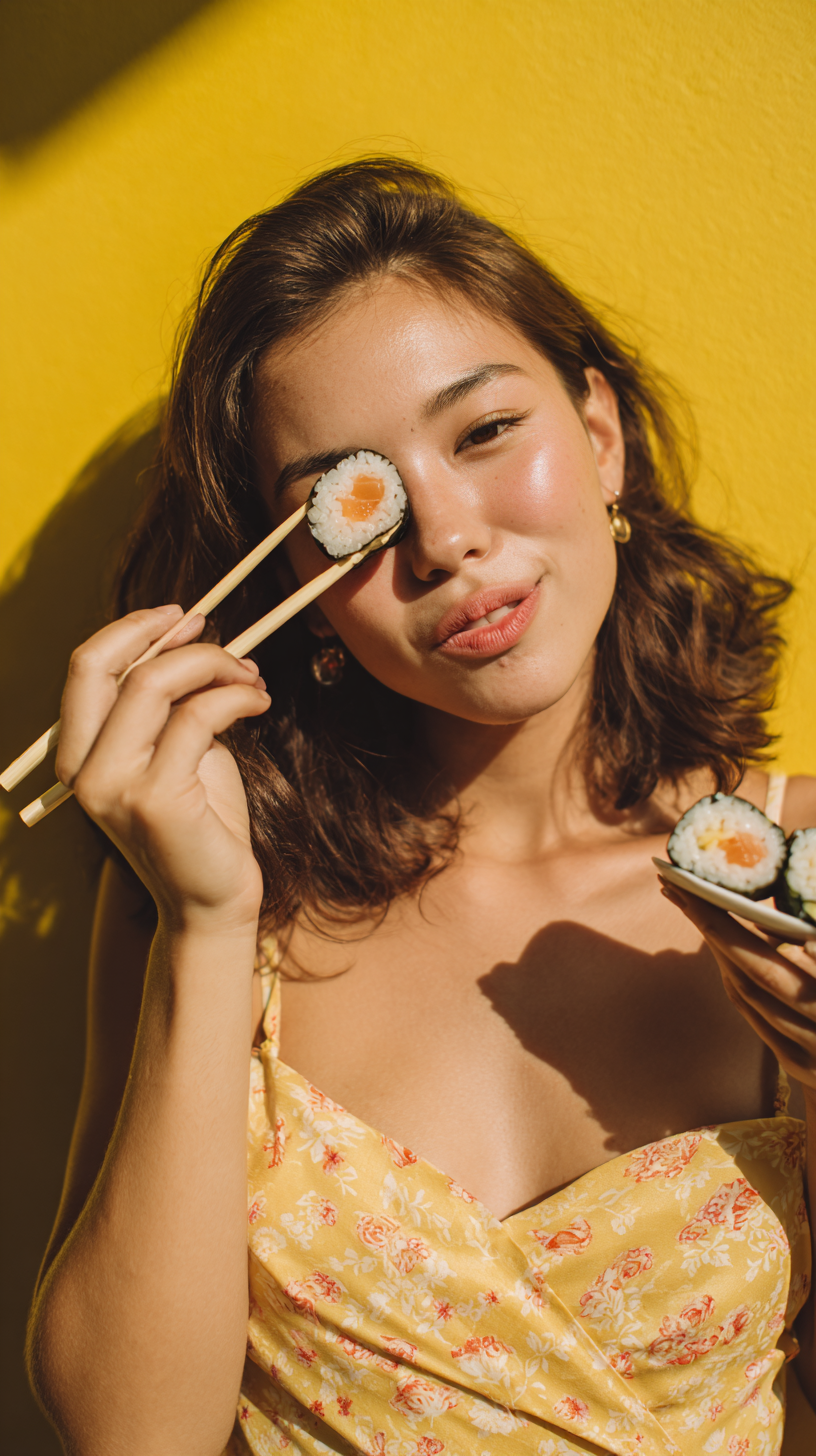 Ritratto giocoso di ragazza con sushi