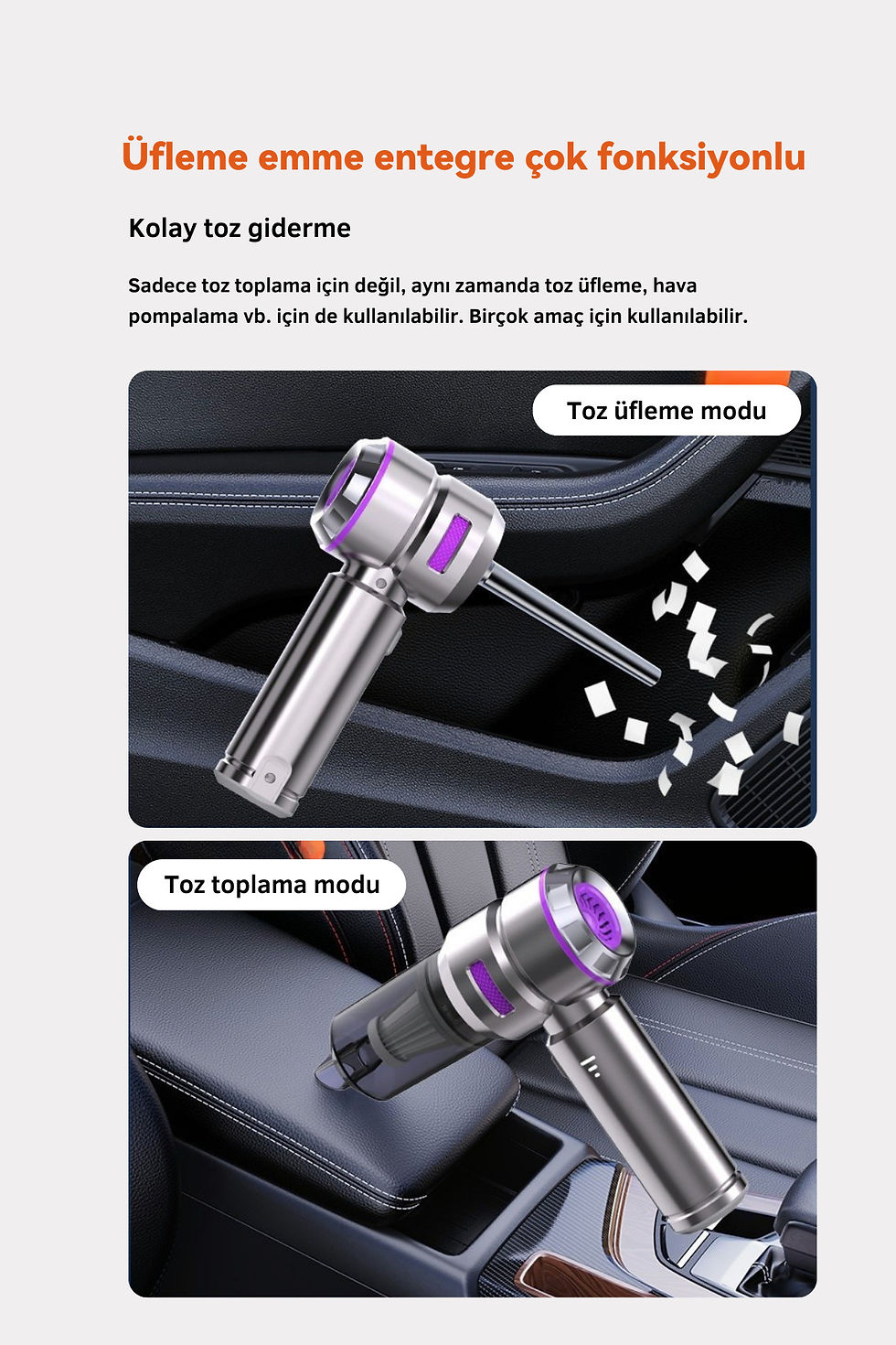 Küçük resim: Araç İçi Süpürge 4IN1 20.000 PA Emiş Güçlü Üflemeli Şarjlı Mini Araba El Süpürge