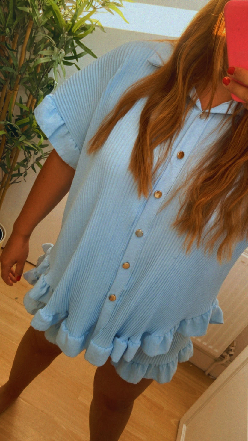 Thumbnail: Baby Blue Frill Hem Button Detail Short Set