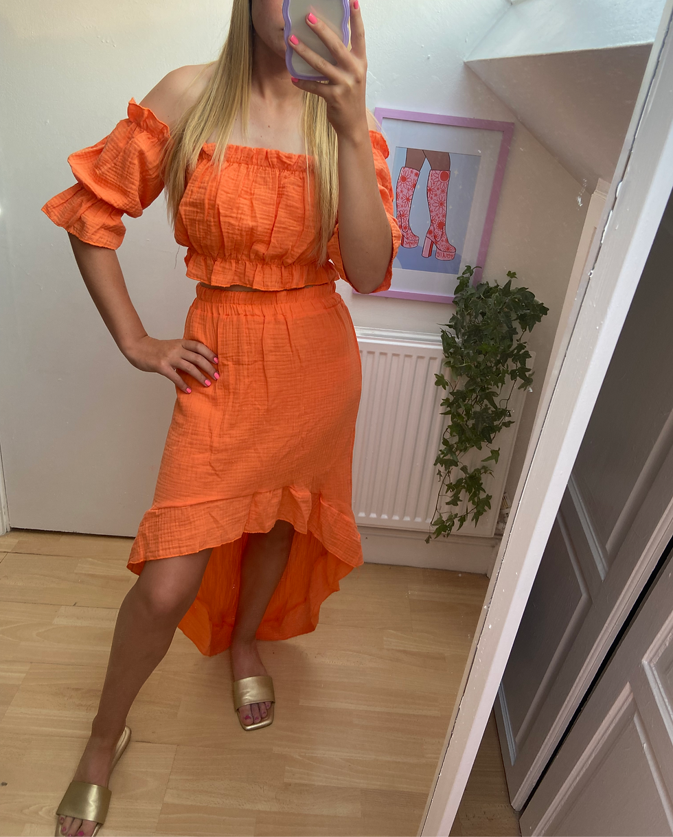 Thumbnail: Orange Frill Detail Skirt and Top Co-Ord