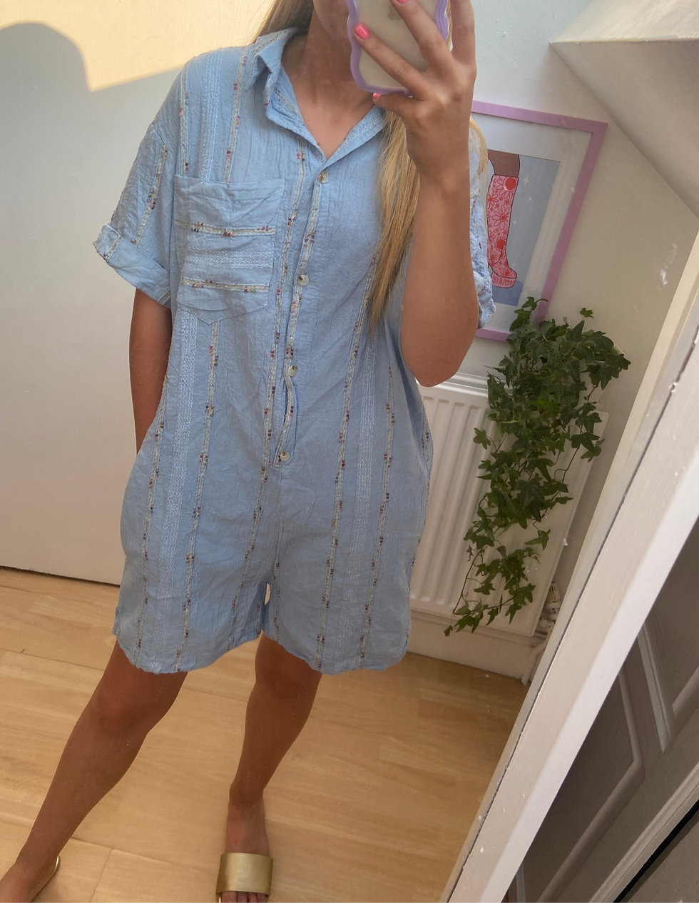 Thumbnail: Baby Blue Cheesecloth Oversized Detailed Playsuit