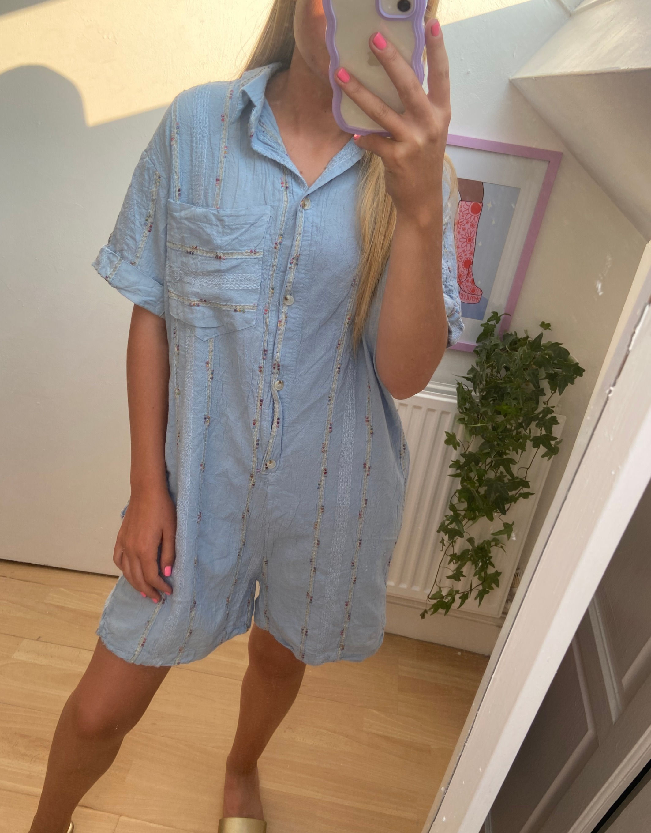 Baby Blue Cheesecloth Oversized Detailed Playsuit