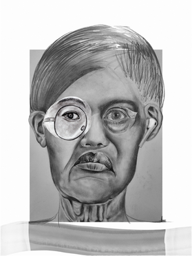 Expressionistic pencil drawing portrait collage combining hand-drawn parts into an uncanny face, representation of bias in human figure.
