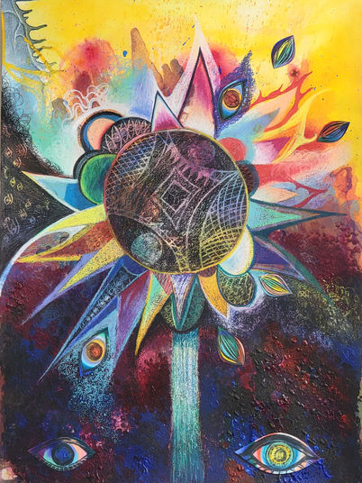 Abstract mixed-media painting of a spiked sunflower-like form with surrounding eyes, symbolizing jealousy, in vivid yellow, red, and blue tones.