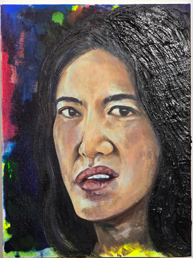 expressive acrylic portrait painting of female with irritated, annoyed facial expression with textured background