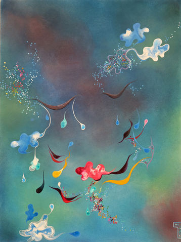 Contemporary paintings inspired by positive emotions during the pandemic period, vibrant colors, intricate lines and metaphysical shapes.
