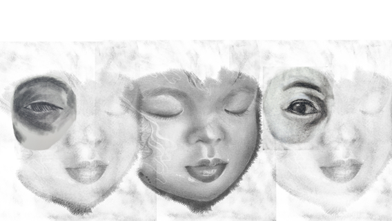 Expressionistic pencil drawing portrait collage combining hand-drawn parts into an uncanny face, representation of bias through time in human figure.