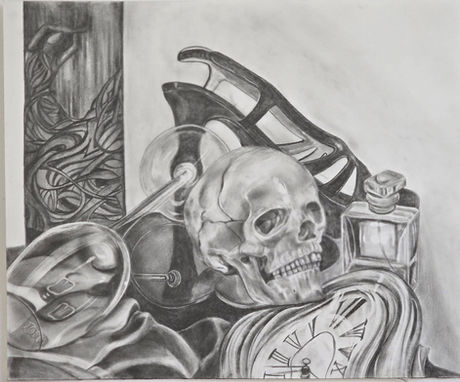 Vanitas still-life realistic pencil drawing with elements of flirtation and allure, contemporary