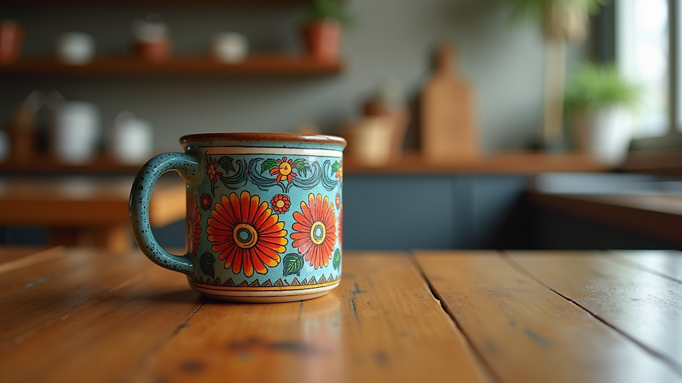 Eye-level view of a colorful folk art mug on a wooden table