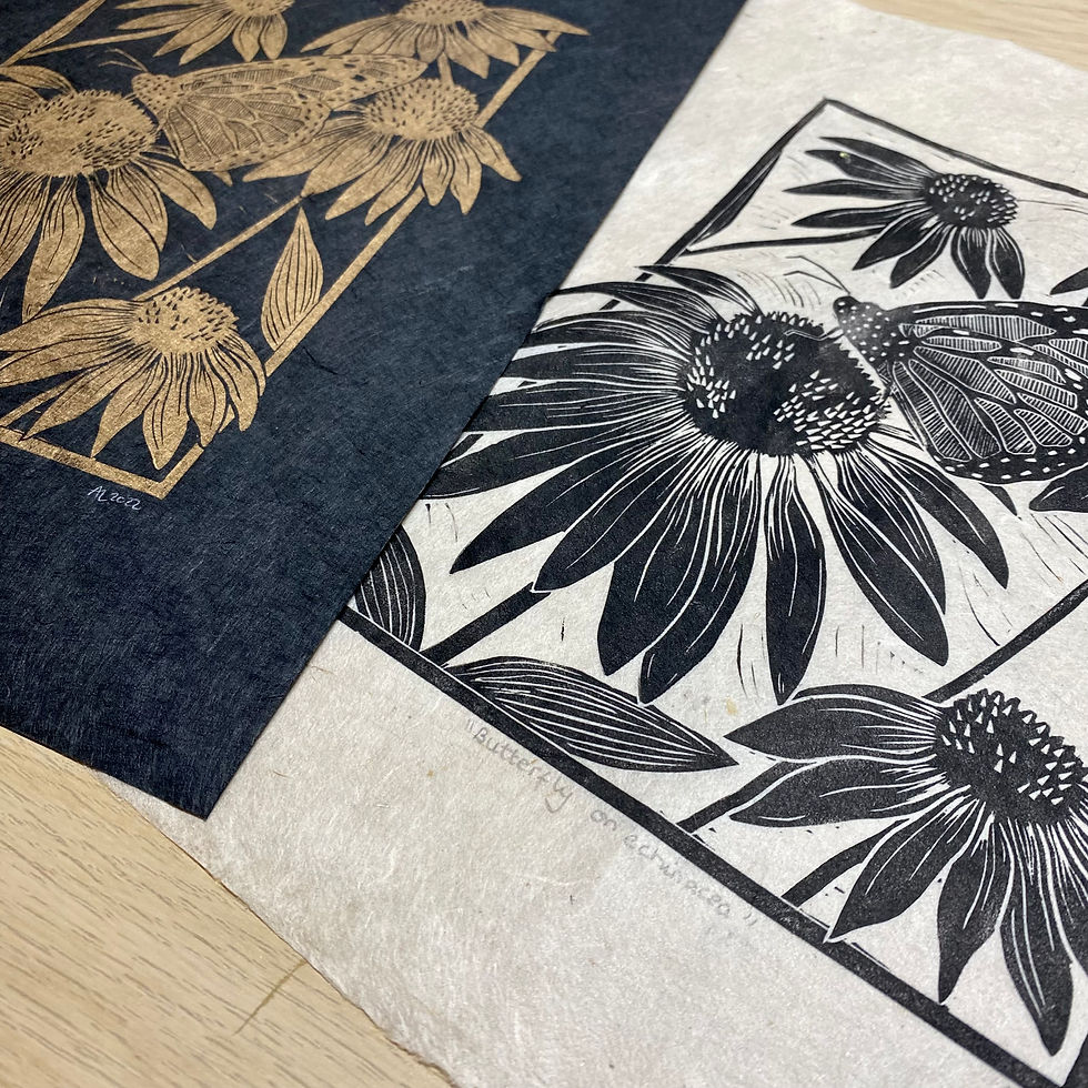 Thumbnail: Butterfly on Echinacea linocut print.