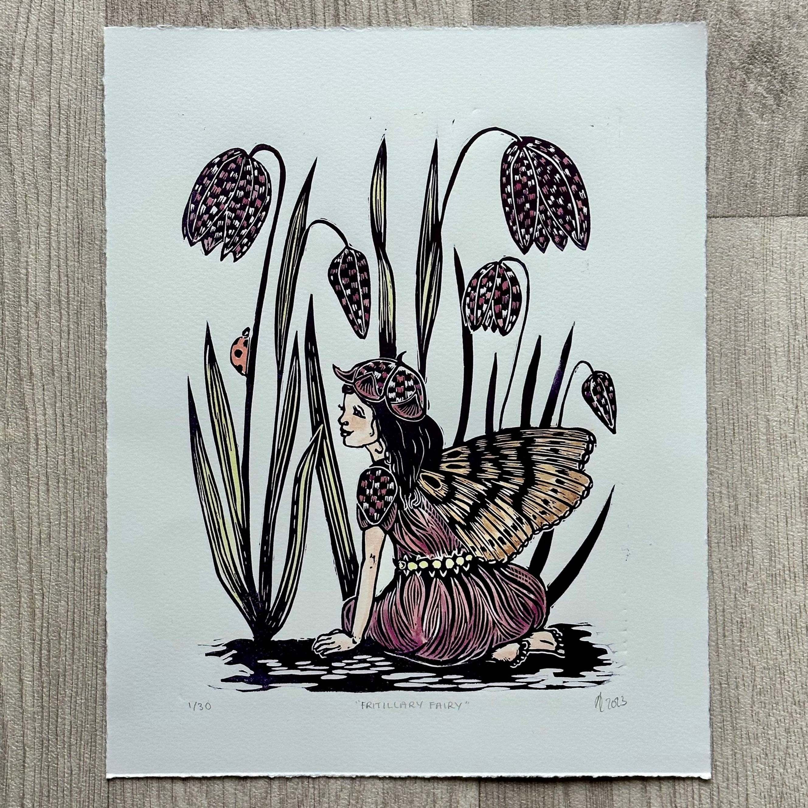 Fritillary Fairy linocut print