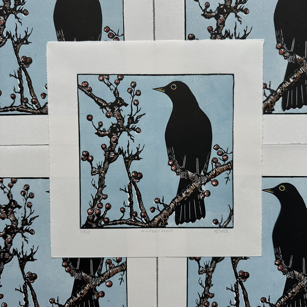Thumbnail: "Winter's Feast" blackbird linocut print