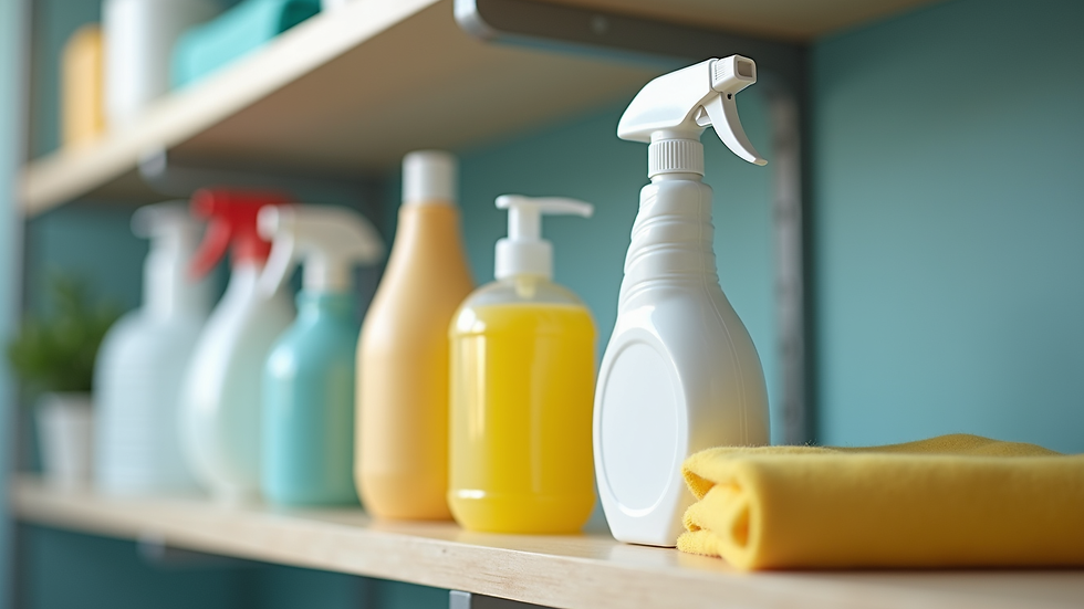 Close-up view of cleaning supplies arranged neatly on a shelf