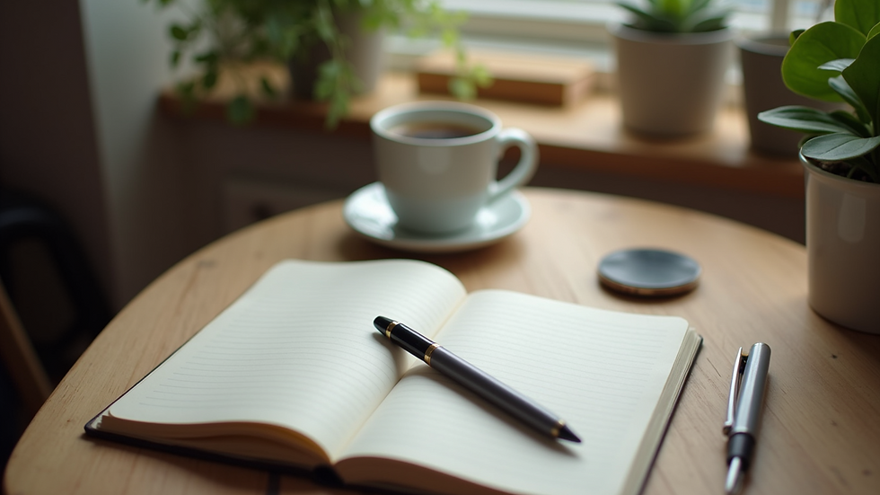 High angle view of a cozy workspace with a notebook and pen