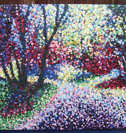 Oil painting by Sukor Romat – bold pointillism textured landscape in vibrant tones using oil on canvas
