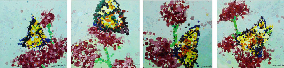 Acrylic painting by Sukor Romat – bold pointillism textured butterfly in vibrant tones using acrylic on canvas