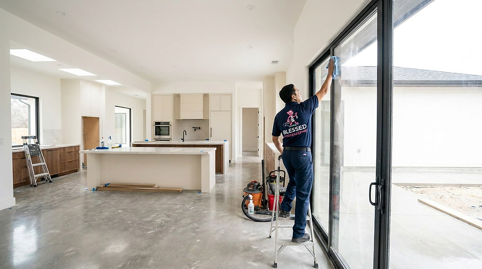 Professional cleaner washing windows in a new home in Fresno.
