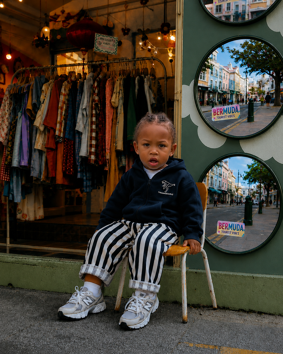 A JLS Little Legends child sitting in front of a shop.