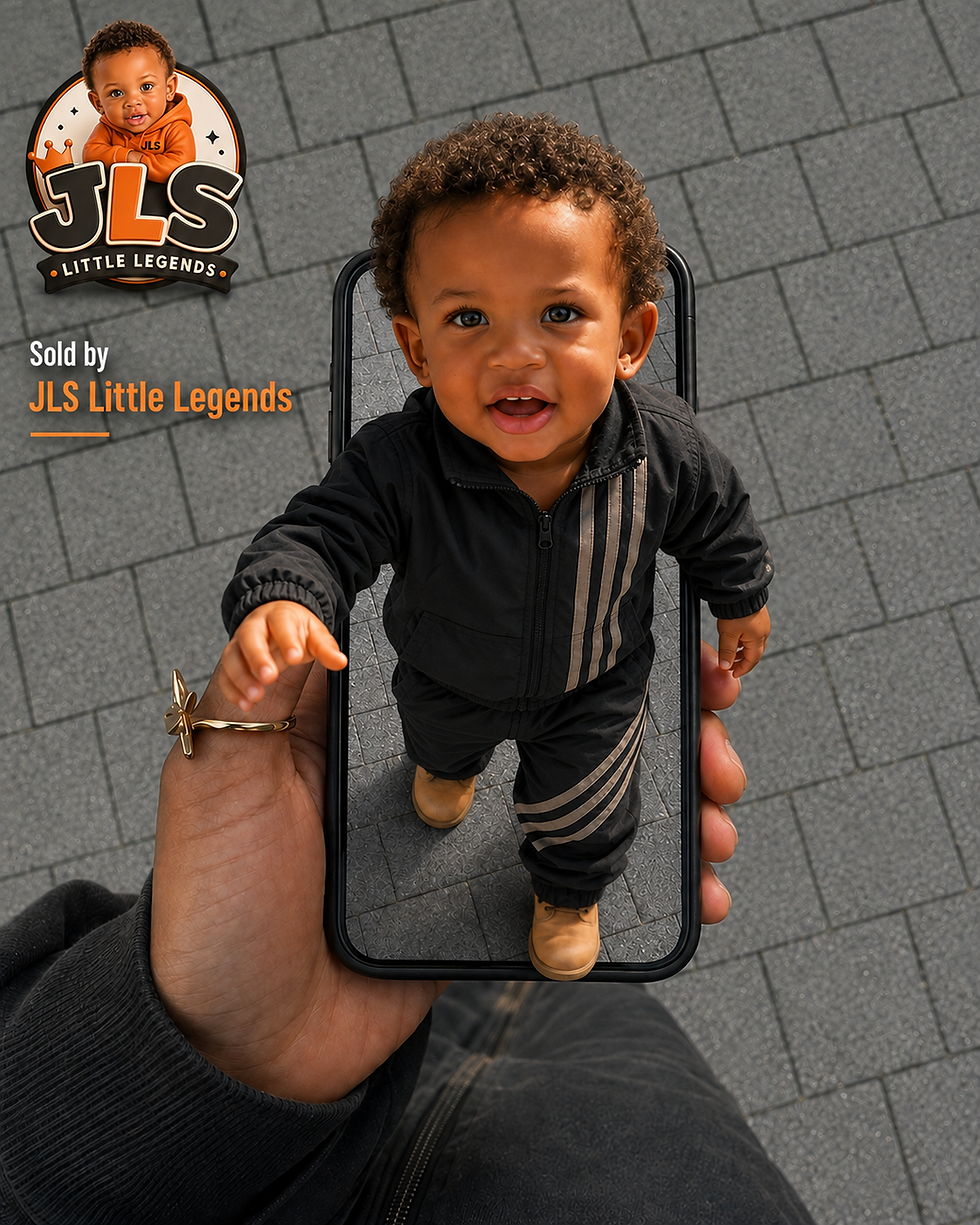Toddler in tracksuit inside phone frame, JLS Little Legends