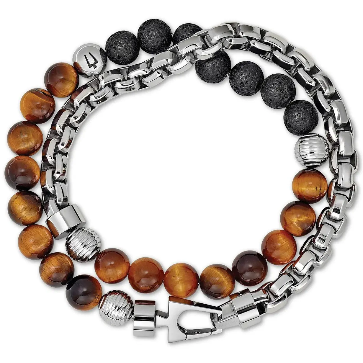 Bulova Tiger Eye Lava Beads Double Wrap Stainless Steel Bracelet
