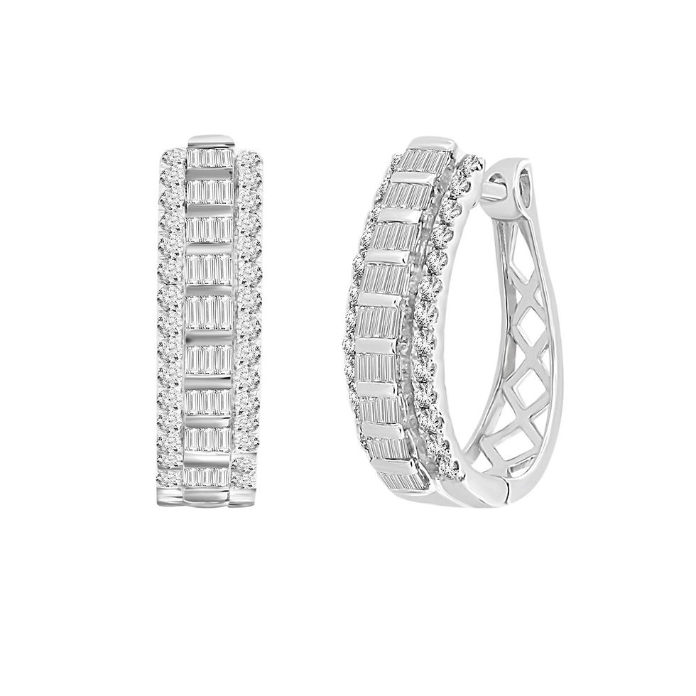 Thumbnail: LADIES HOOPS EARRING 1 CT ROUND/BAGUETTE DIAMOND 10K WHITE GOLD