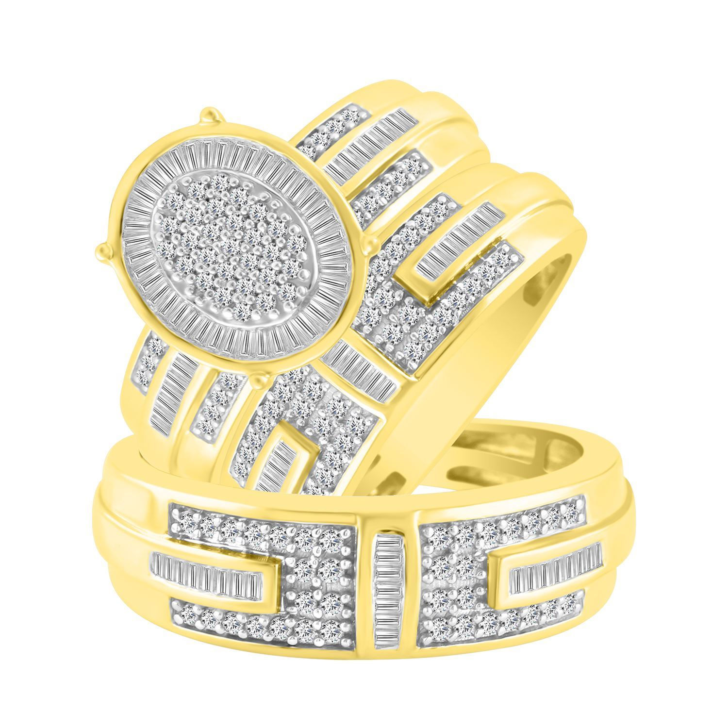 LADIES TRIO SET 1 CT ROUND/BAGUETTE DIAMOND 10K YELLOW GOLD