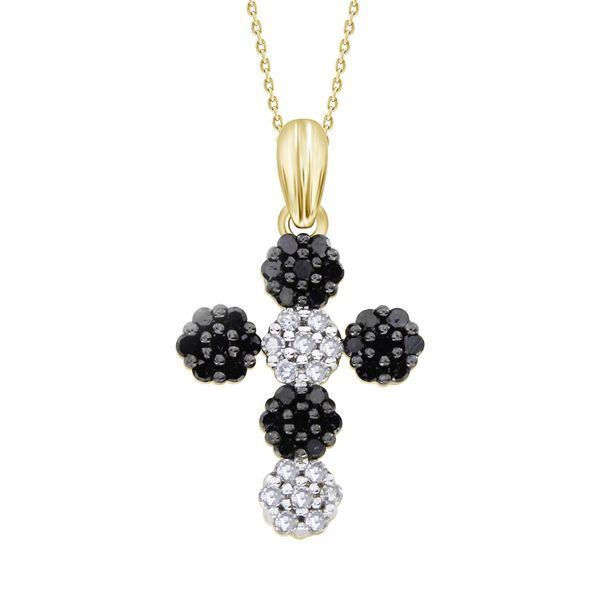 LADIES CROSS PENDANT 1/2 CT ROUND BLACK DIAMOND 10K YELLOW GOLD
