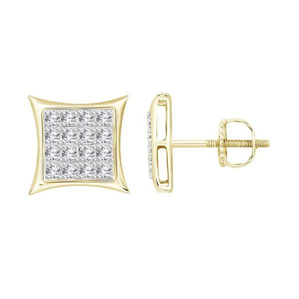 Thumbnail: UNISEX STUD SQUARE EARRINGS 1/10 CT ROUND DIAMOND 10K YELLOW GOLD 