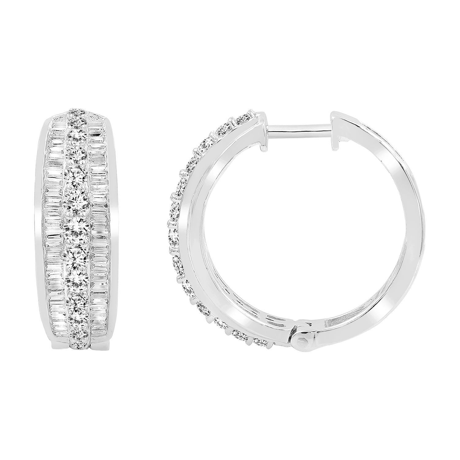 LADIES HOOPS 2 CT ROUND/BAGUETTE DIAMOND 10K WHITE GOLD