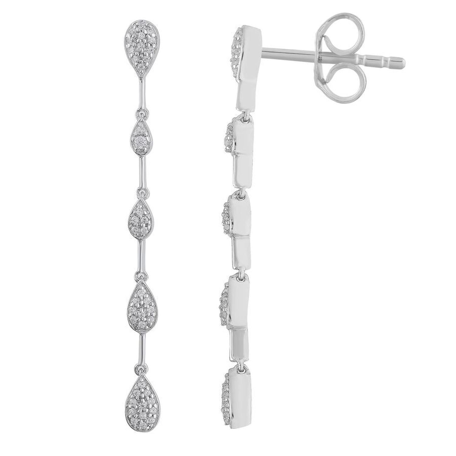 LADIES DANGLE EARRINGS 1/6 CT ROUND DIAMOND 10K WHITE GOLD
