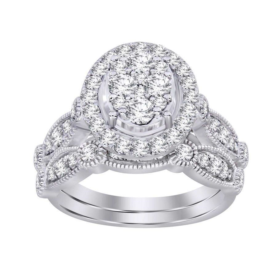 LADIES BRIDAL RING SET 1 1/2 CT ROUND DIAMOND 14K WHITE GOLD