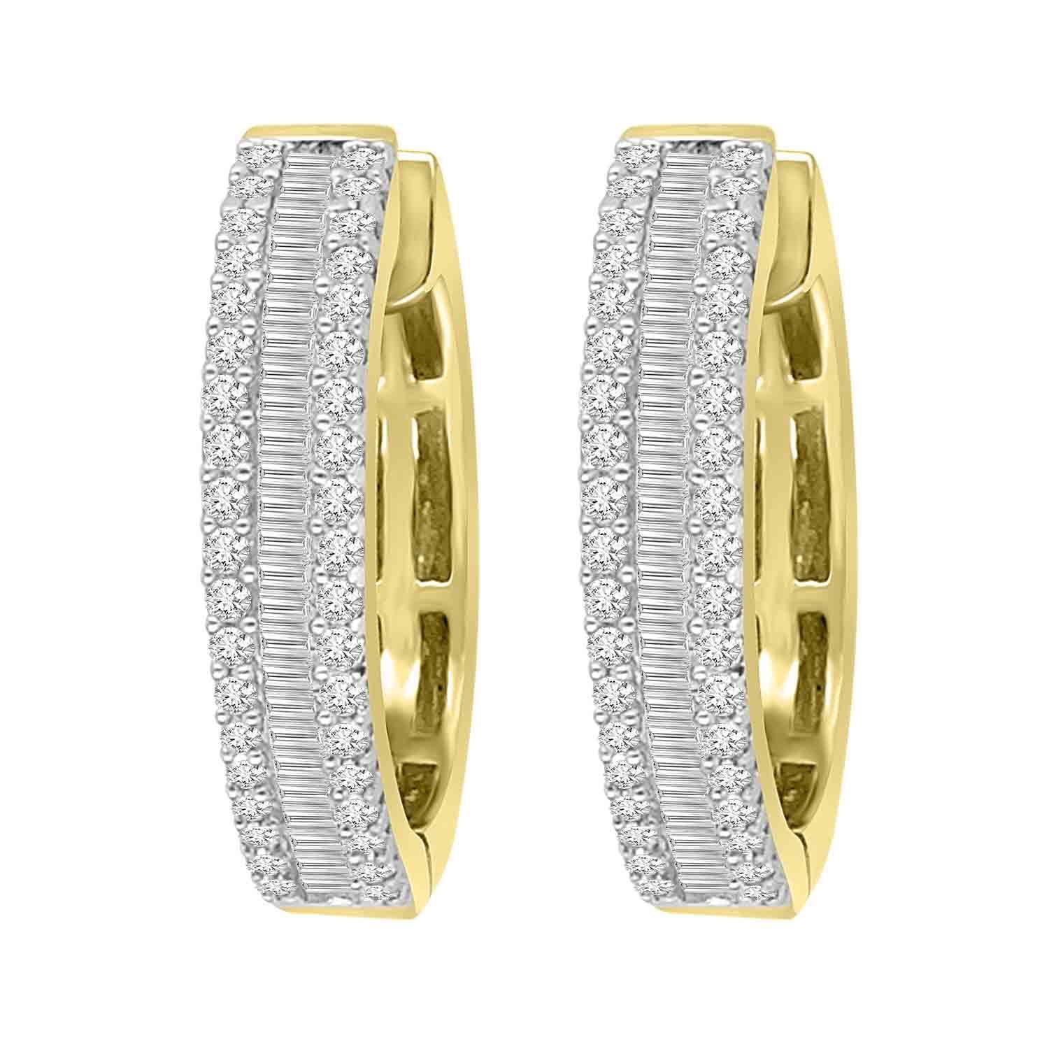 LADIES HOOPS 1/2 CT ROUND/BAGUETTE DIAMOND 10K YELLOW GOLD