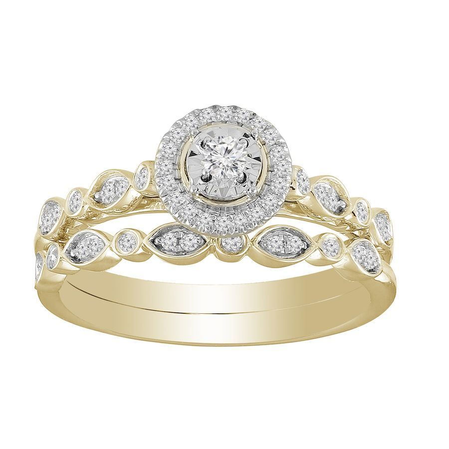 LADIES BRIDAL RING SET 1/4 CT ROUND DIAMOND 10K YELLOW GOLD