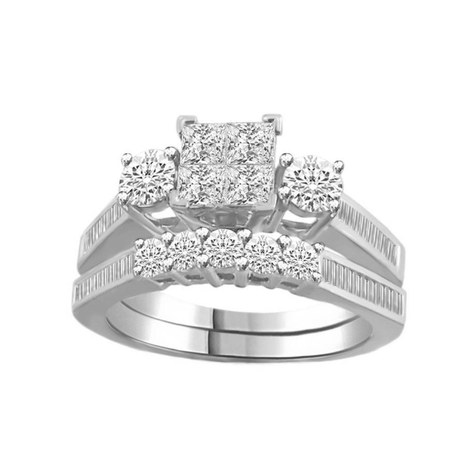 LADIES THREE STONES BRIDAL SET 1 1/2 CT ROUND /PRINCESS/BAGUETTE 14K WHITE GOLD