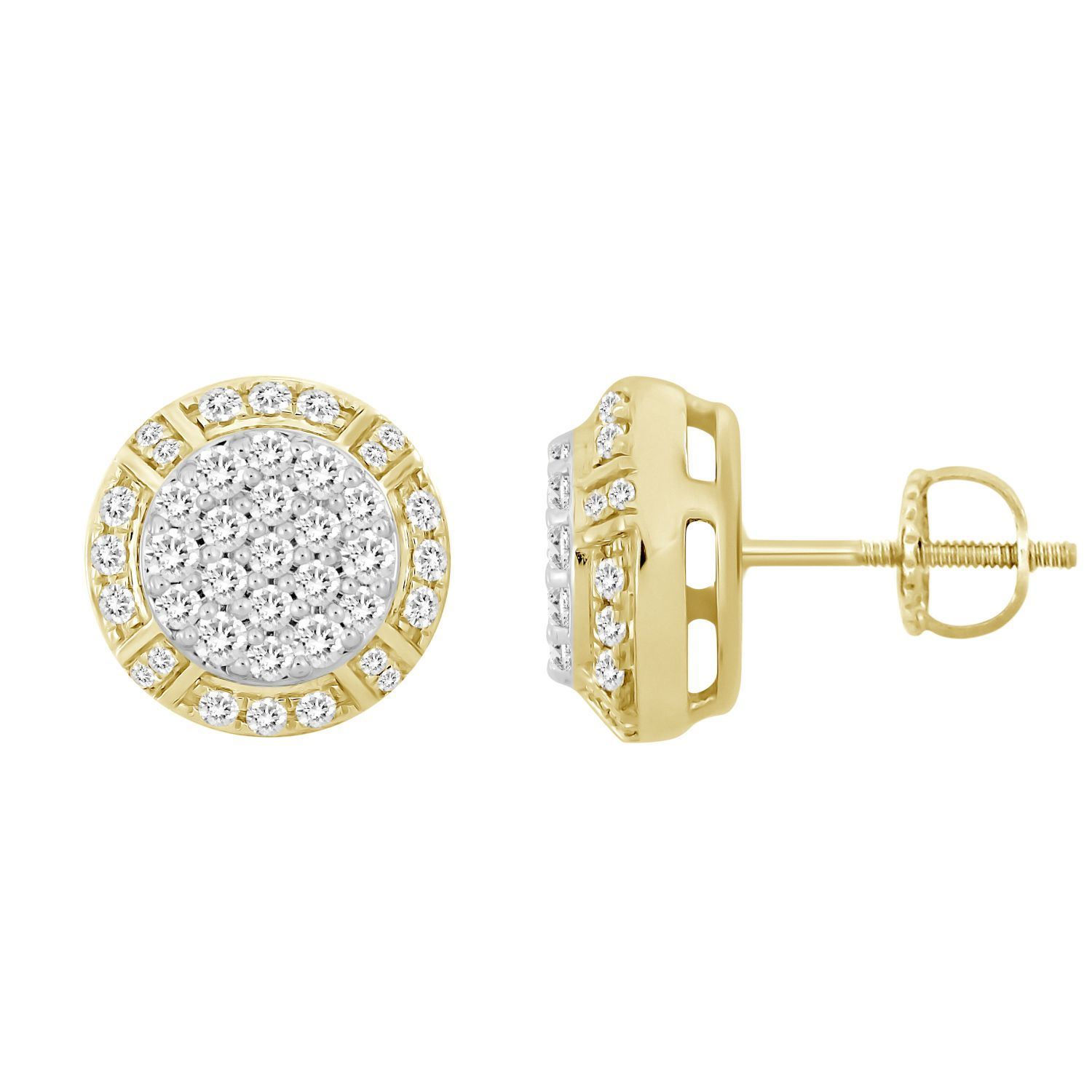 MEN'S STUD EARRINGS 1 CT ROUND DIAMOND 10K YELLOW GOLD