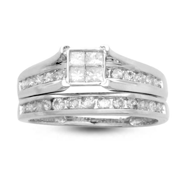 LADIES BRIDAL RING SET 1 CT ROUND/PRINCESS DIAMOND 14K WHITE GOLD