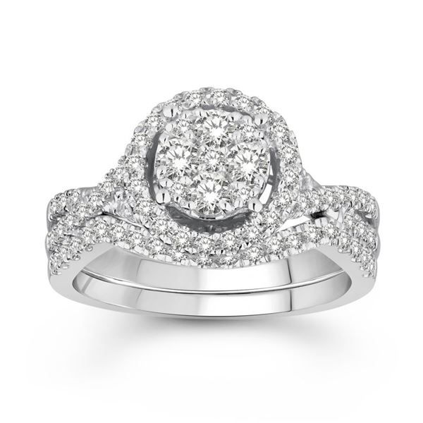 LADIES BRIDAL RING SET 1 CT ROUND DIAMOND 14K WHITE GOLD