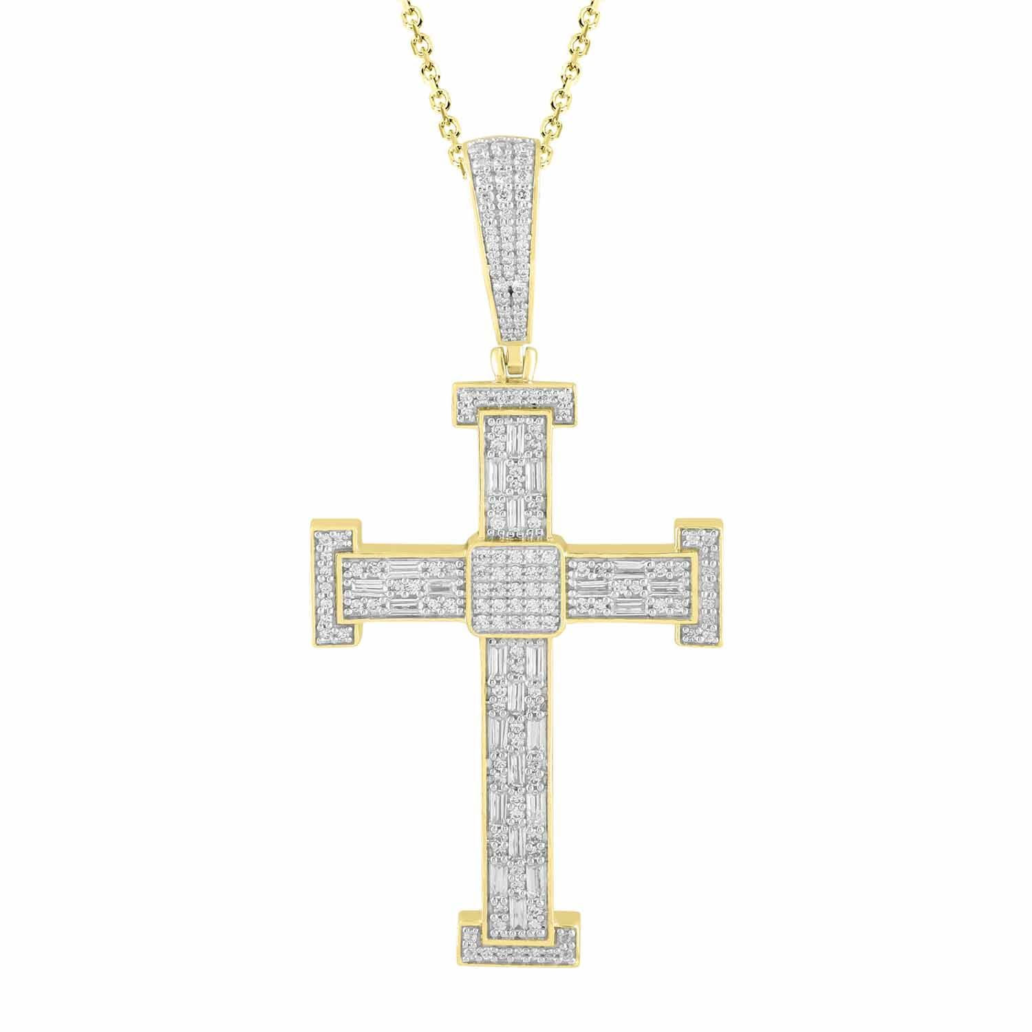 MEN'S CROSS 1 1/2 CT ROUND/BAGUETTE DIAMOND 10K YELLOW GOLD