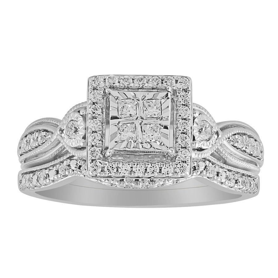 LADIES BRIDAL RING SET 1/3 CT ROUND/PRINCESS DIAMOND 10K WHITE GOLD