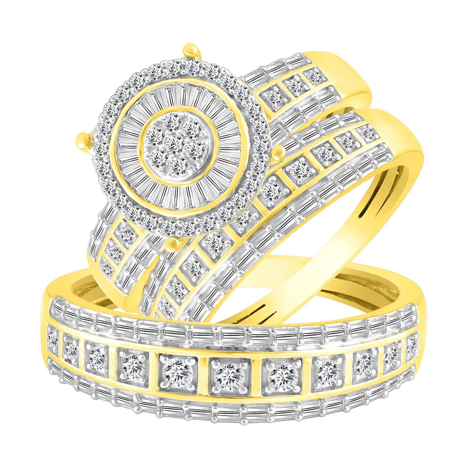 LADIES TRIO SET 1 CT ROUND/BAGUETTE DIAMOND 10K YELLOW GOLD