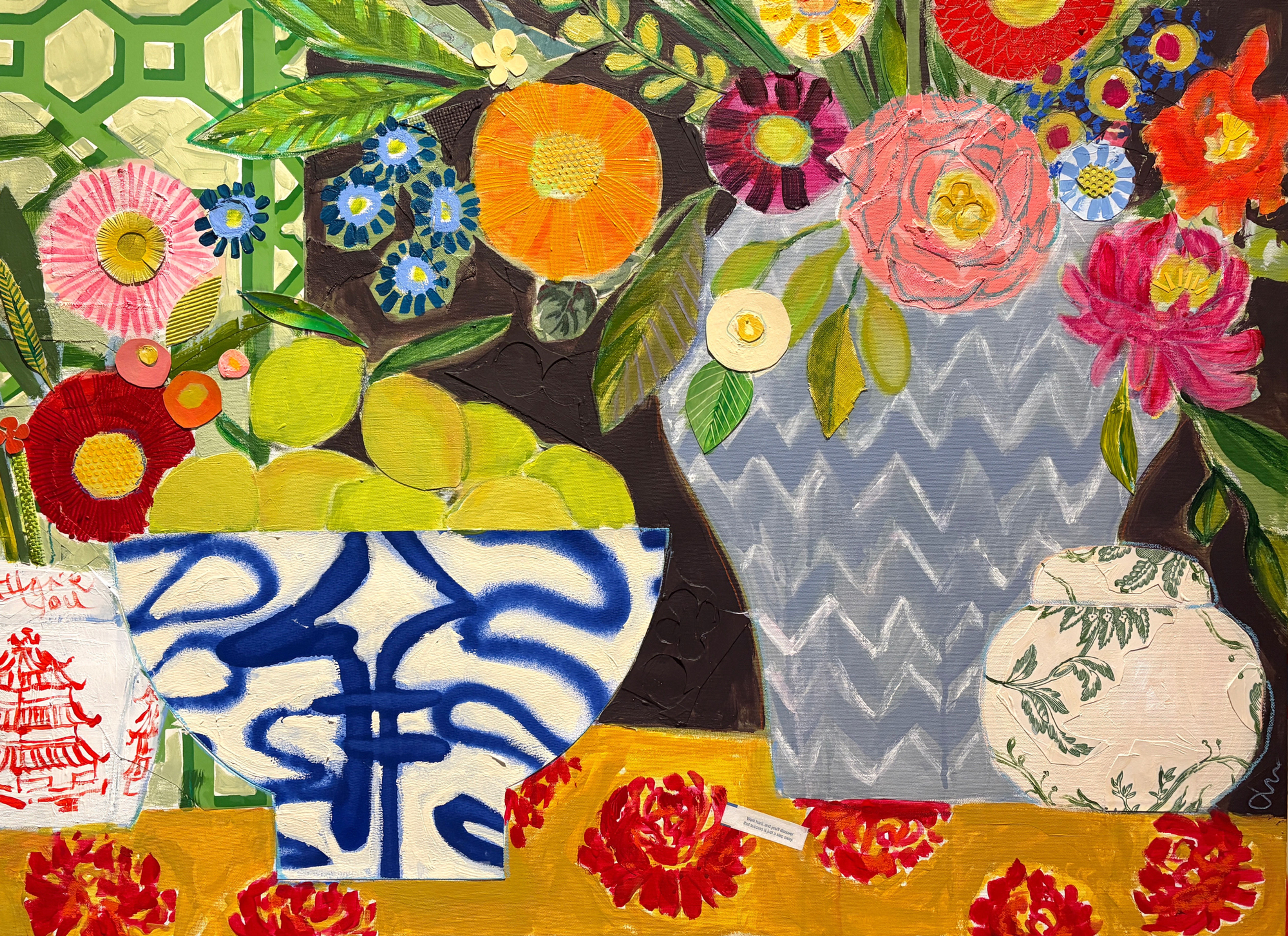 "Takeout Tableau" 24x36" floral collage original on gallery canvas