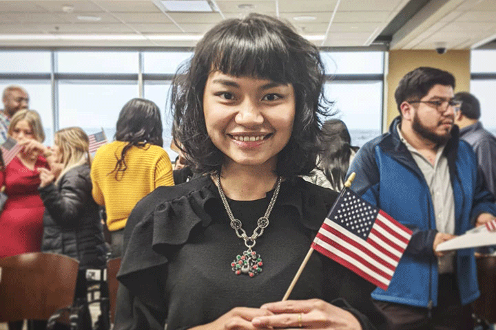Burmese American Woman US Citizenship Flag